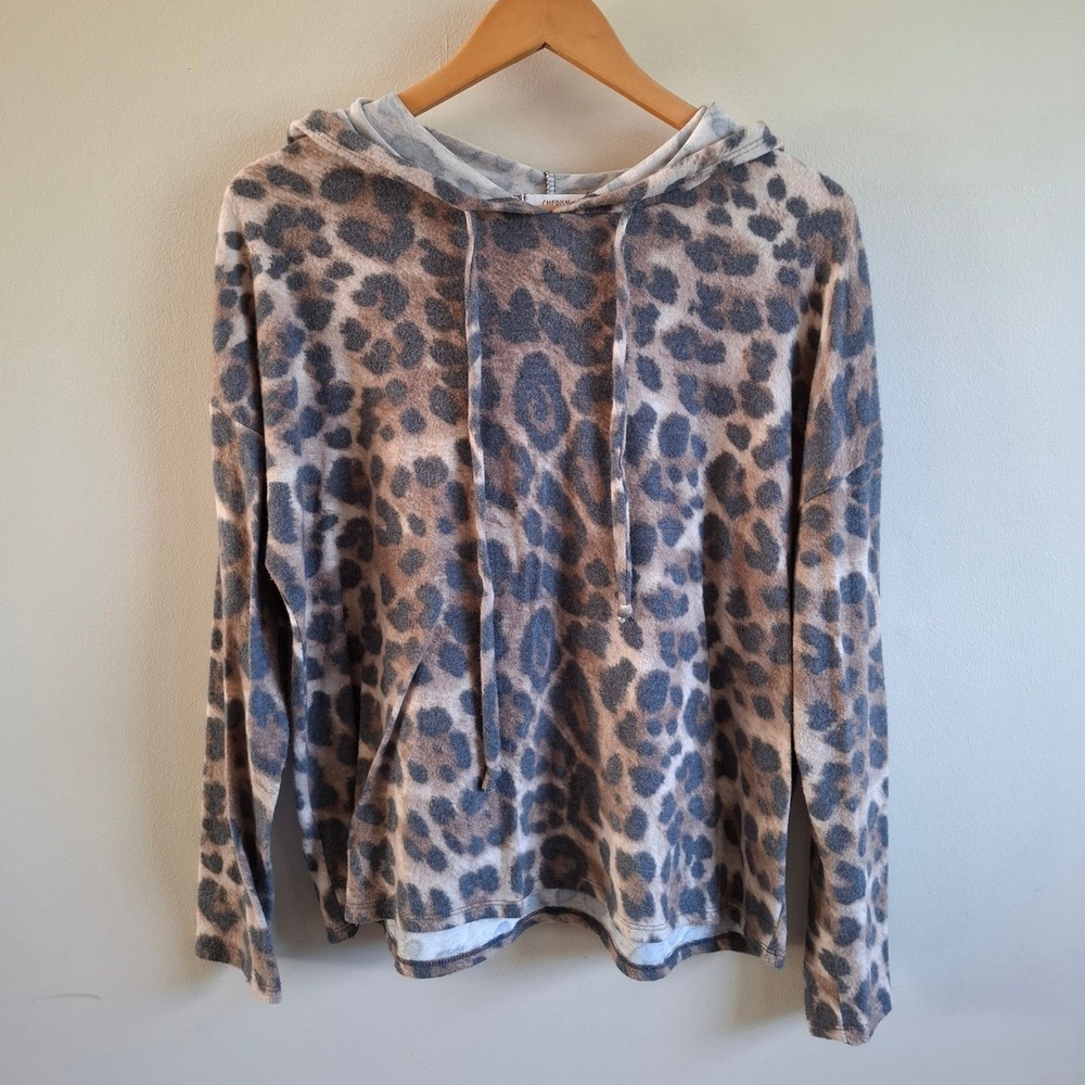 Leopard Print Long Sleeve Hooded Shirt Cozy Fuzzy Casual Glam Fall Fashion Sz S